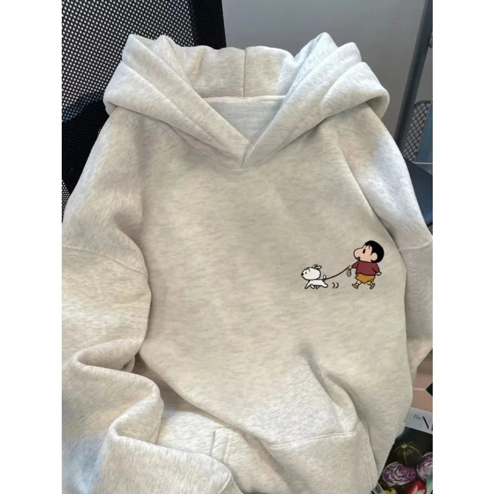 MINISO Crayon Shin-chan Cartoon Print Youth Hooded Fleece Warm Oversized Men Women Sweatshirt Loose Long Sleeve Top Male Clothes